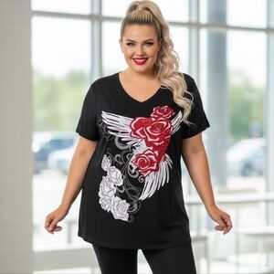 Black Vneck Graphic Top Red and White Rose Design with Rhinestones
